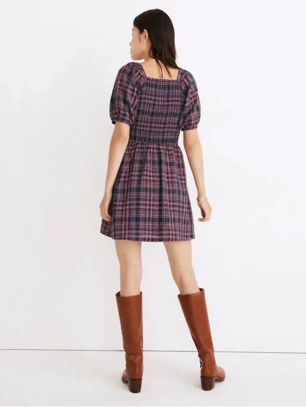 Madewell Lucie Puff-Sleeve Smocked Mini Dress in Rockfern Plaid Size M - Picture 2 of 8